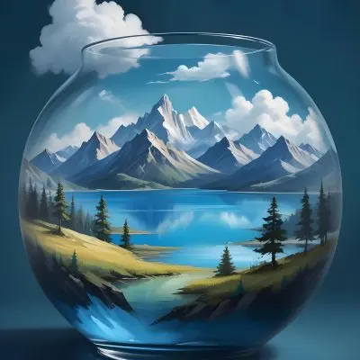Digital Painting A Landscape With Mountains And A Lake Inside A Glass Bowl Clouds On Top Of The Bowl Blue Background Bold And Slim Lines Brush Strokes 20 239f