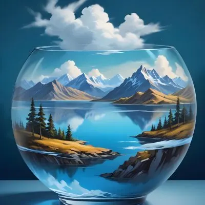 Digital Painting A Landscape With Mountains And A Lake Inside A Glass Bowl Clouds On Top Of The Bowl Blue Background Bold And Slim Lines Brush Strokes 25 082c