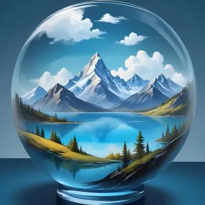 Digital Painting A Landscape With Mountains And A Lake Inside A Glass Bowl Clouds On Top Of The Bowl Blue Background Bold And Slim Lines Brush Strokes 27 E6a5