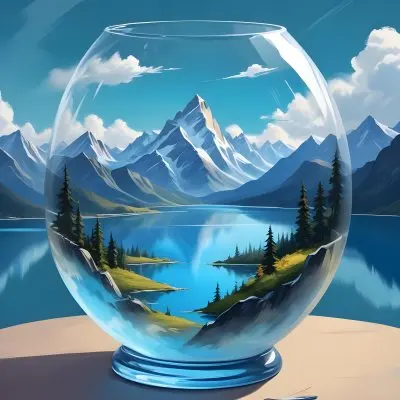 Digital Painting A Landscape With Mountains And A Lake Inside A Glass Bowl Clouds On Top Of The Bowl Blue Background Bold And Slim Lines Brush Strokes 29 46c6
