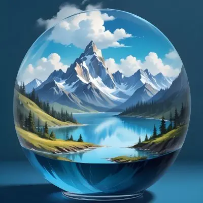 Digital Painting A Landscape With Mountains And A Lake Inside A Glass Bowl Clouds On Top Of The Bowl Blue Background Bold And Slim Lines Brush Strokes 3 Bda1