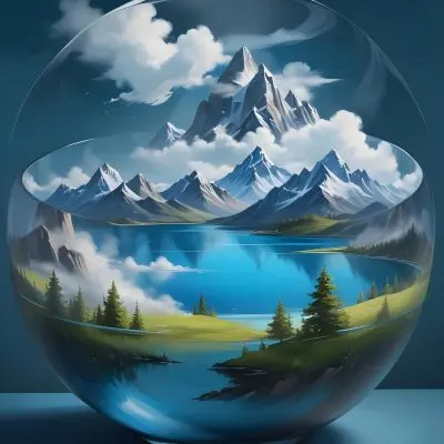 Digital Painting A Landscape With Mountains And A Lake Inside A Glass Bowl Clouds On Top Of The Bowl Blue Background Bold And Slim Lines Brush Strokes 30 Caf1