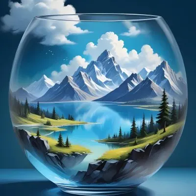 Digital Painting A Landscape With Mountains And A Lake Inside A Glass Bowl Clouds On Top Of The Bowl Blue Background Bold And Slim Lines Brush Strokes 5 9e92
