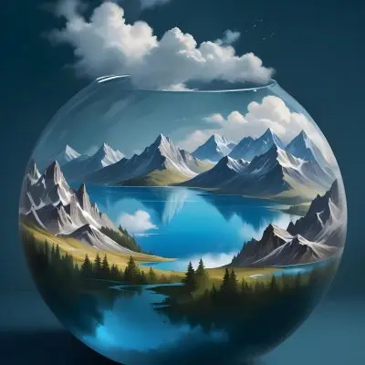 Digital Painting A Landscape With Mountains And A Lake Inside A Glass Bowl Clouds On Top Of The Bowl Blue Background Bold And Slim Lines Brush Strokes 8 Fdae