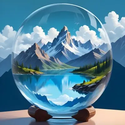 Digital Painting A Landscape With Mountains And A Lake Inside A Glass Bowl Clouds On Top Of The Bowl Blue Background Bold And Slim Lines Brush Strokes 9 770a