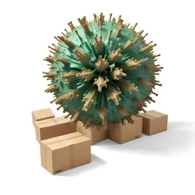 Digital Painting A Large Detailed Model Of A Coronavirus Particle With A Brown And Green Surface Texture Surrounded By Cardboard Boxes On A Plain White Background Bold And Slim Lines Brush Strokes 12 D94f
