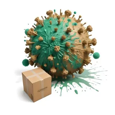 Digital Painting A Large Detailed Model Of A Coronavirus Particle With A Brown And Green Surface Texture Surrounded By Cardboard Boxes On A Plain White Background Bold And Slim Lines Brush Strokes 13 9ef7