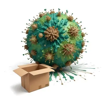Digital Painting A Large Detailed Model Of A Coronavirus Particle With A Brown And Green Surface Texture Surrounded By Cardboard Boxes On A Plain White Background Bold And Slim Lines Brush Strokes 14 5b22