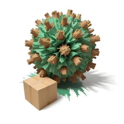 Digital Painting A Large Detailed Model Of A Coronavirus Particle With A Brown And Green Surface Texture Surrounded By Cardboard Boxes On A Plain White Background Bold And Slim Lines Brush Strokes 15 9902