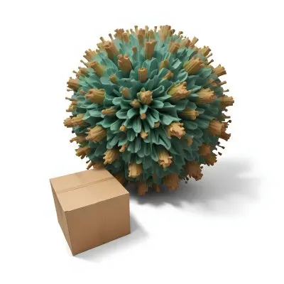 Digital Painting A Large Detailed Model Of A Coronavirus Particle With A Brown And Green Surface Texture Surrounded By Cardboard Boxes On A Plain White Background Bold And Slim Lines Brush Strokes 16 Fea3