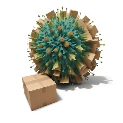 Digital Painting A Large Detailed Model Of A Coronavirus Particle With A Brown And Green Surface Texture Surrounded By Cardboard Boxes On A Plain White Background Bold And Slim Lines Brush Strokes 17 47cd