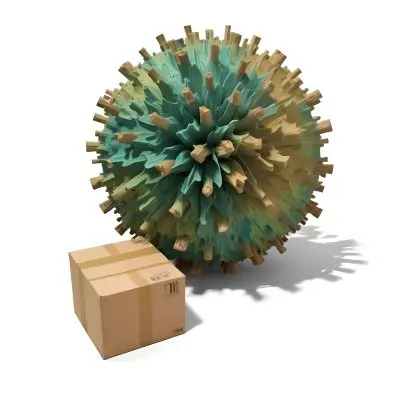 Digital Painting A Large Detailed Model Of A Coronavirus Particle With A Brown And Green Surface Texture Surrounded By Cardboard Boxes On A Plain White Background Bold And Slim Lines Brush Strokes 18 Bd80