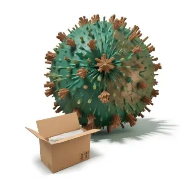 Digital Painting A Large Detailed Model Of A Coronavirus Particle With A Brown And Green Surface Texture Surrounded By Cardboard Boxes On A Plain White Background Bold And Slim Lines Brush Strokes 19 7a99