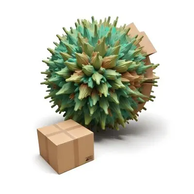 Digital Painting A Large Detailed Model Of A Coronavirus Particle With A Brown And Green Surface Texture Surrounded By Cardboard Boxes On A Plain White Background Bold And Slim Lines Brush Strokes 2 4ecf