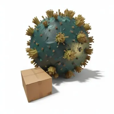 Digital Painting A Large Detailed Model Of A Coronavirus Particle With A Brown And Green Surface Texture Surrounded By Cardboard Boxes On A Plain White Background Bold And Slim Lines Brush Strokes 20 1ca4