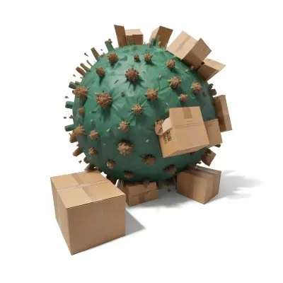 Digital Painting A Large Detailed Model Of A Coronavirus Particle With A Brown And Green Surface Texture Surrounded By Cardboard Boxes On A Plain White Background Bold And Slim Lines Brush Strokes 21 7d16