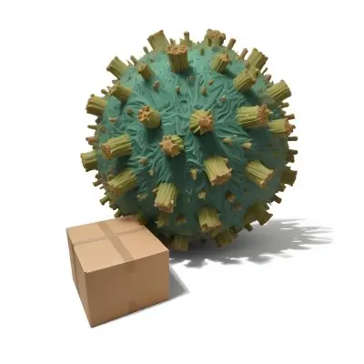 Digital Painting A Large Detailed Model Of A Coronavirus Particle With A Brown And Green Surface Texture Surrounded By Cardboard Boxes On A Plain White Background Bold And Slim Lines Brush Strokes 22 5ee6