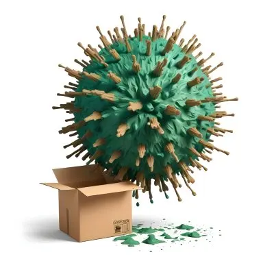 Digital Painting A Large Detailed Model Of A Coronavirus Particle With A Brown And Green Surface Texture Surrounded By Cardboard Boxes On A Plain White Background Bold And Slim Lines Brush Strokes 23 F159