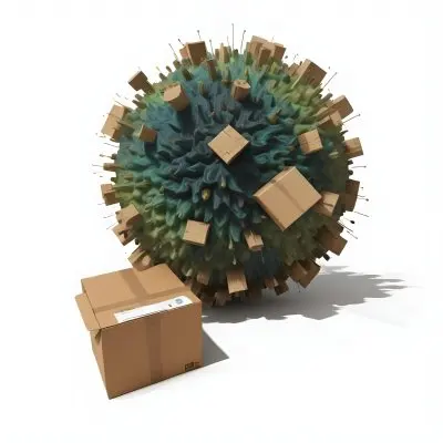 Digital Painting A Large Detailed Model Of A Coronavirus Particle With A Brown And Green Surface Texture Surrounded By Cardboard Boxes On A Plain White Background Bold And Slim Lines Brush Strokes 24 A30c