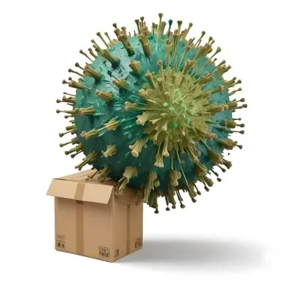Digital Painting A Large Detailed Model Of A Coronavirus Particle With A Brown And Green Surface Texture Surrounded By Cardboard Boxes On A Plain White Background Bold And Slim Lines Brush Strokes 3 7af7