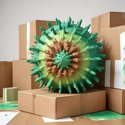 Digital Painting A Large Detailed Model Of A Coronavirus Particle With A Brown And Green Surface Texture Surrounded By Cardboard Boxes On A Plain White Background Bold And Slim Lines Brush Strokes 4 06d6