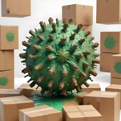 Digital Painting A Large Detailed Model Of A Coronavirus Particle With A Brown And Green Surface Texture Surrounded By Cardboard Boxes On A Plain White Background Bold And Slim Lines Brush Strokes 5 264c