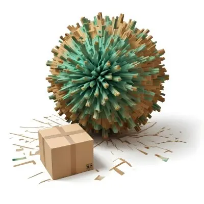 Digital Painting A Large Detailed Model Of A Coronavirus Particle With A Brown And Green Surface Texture Surrounded By Cardboard Boxes On A Plain White Background Bold And Slim Lines Brush Strokes 6 A39a