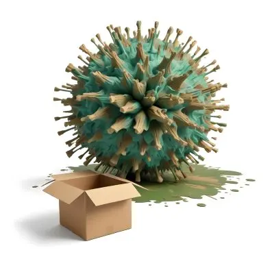 Digital Painting A Large Detailed Model Of A Coronavirus Particle With A Brown And Green Surface Texture Surrounded By Cardboard Boxes On A Plain White Background Bold And Slim Lines Brush Strokes 7 F8da