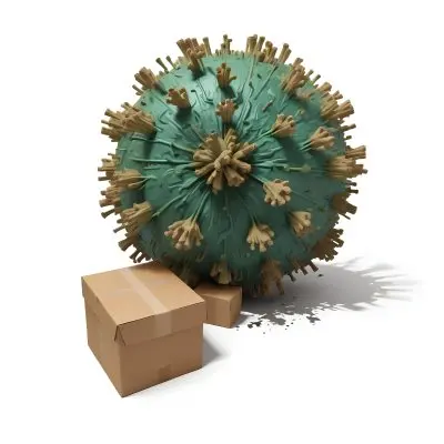 Digital Painting A Large Detailed Model Of A Coronavirus Particle With A Brown And Green Surface Texture Surrounded By Cardboard Boxes On A Plain White Background Bold And Slim Lines Brush Strokes 8 35b8