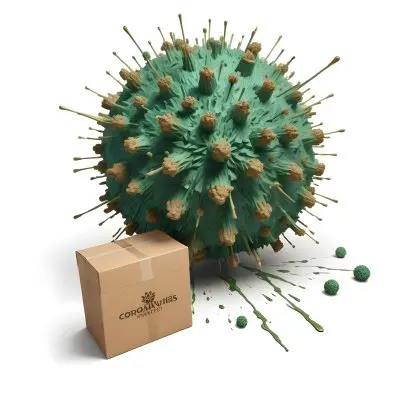 Digital Painting A Large Detailed Model Of A Coronavirus Particle With A Brown And Green Surface Texture Surrounded By Cardboard Boxes On A Plain White Background Bold And Slim Lines Brush Strokes 9 C3ed
