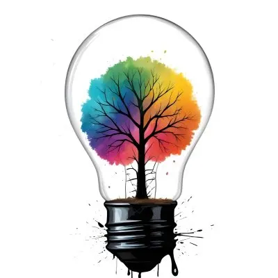 Digital Painting A Light Bulb With A Tree Inside The Tree Has Colorful Leaves And A White Trunk Black Background Bold And Slim Lines Brush Strokes 12 Cda2