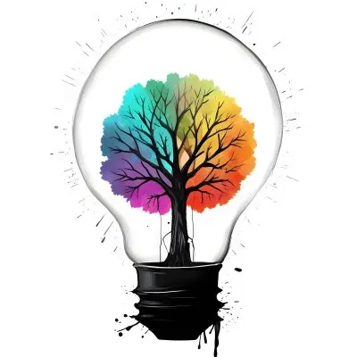 Digital Painting A Light Bulb With A Tree Inside The Tree Has Colorful Leaves And A White Trunk Black Background Bold And Slim Lines Brush Strokes 14 Ed53