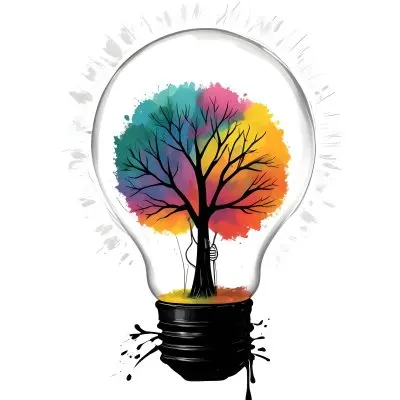 Digital Painting A Light Bulb With A Tree Inside The Tree Has Colorful Leaves And A White Trunk Black Background Bold And Slim Lines Brush Strokes 15 E71e