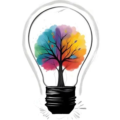 Digital Painting A Light Bulb With A Tree Inside The Tree Has Colorful Leaves And A White Trunk Black Background Bold And Slim Lines Brush Strokes 2 E1da