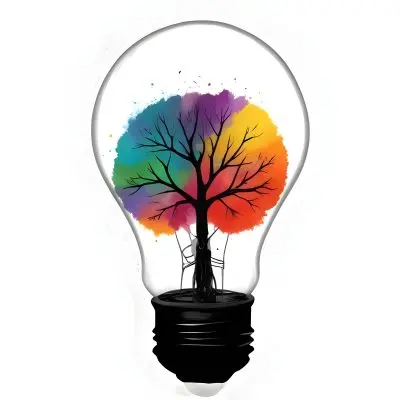 Digital Painting A Light Bulb With A Tree Inside The Tree Has Colorful Leaves And A White Trunk Black Background Bold And Slim Lines Brush Strokes 30 2099
