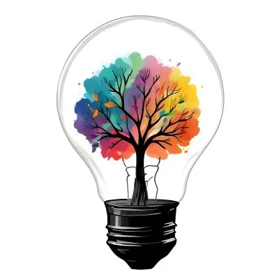 Digital Painting A Light Bulb With A Tree Inside The Tree Has Colorful Leaves And A White Trunk Black Background Bold And Slim Lines Brush Strokes 34 D6be