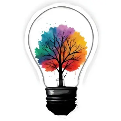 Digital Painting A Light Bulb With A Tree Inside The Tree Has Colorful Leaves And A White Trunk Black Background Bold And Slim Lines Brush Strokes 51 83cc