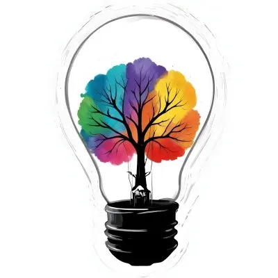 Digital Painting A Light Bulb With A Tree Inside The Tree Has Colorful Leaves And A White Trunk Black Background Bold And Slim Lines Brush Strokes 59 32b1