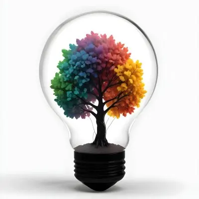 Digital Painting A Light Bulb With A Tree Inside The Tree Has Colorful Leaves And A White Trunk Black Background Bold And Slim Lines Brush Strokes 62 3c72