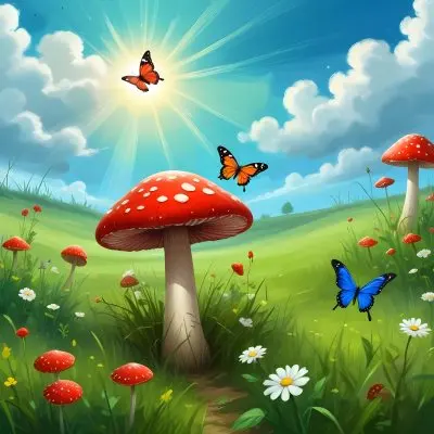 Digital Painting A Red Mushroom With Green Dots Two Butterflies Flowers Of Green On A Green Field Blue Sky With Clouds And Sun Rays Bold And Slim Lines Brush Strokes 1 2315