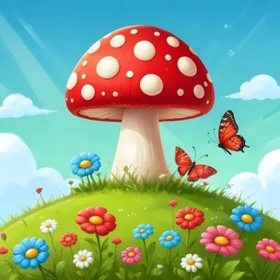 Digital Painting A Red Mushroom With Green Dots Two Butterflies Flowers Of Green On A Green Field Blue Sky With Clouds And Sun Rays Bold And Slim Lines Brush Strokes 10 F83e
