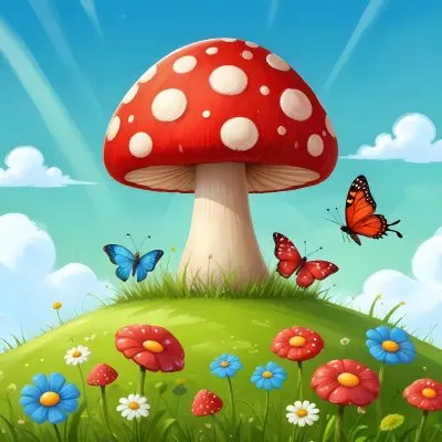 Digital Painting A Red Mushroom With Green Dots Two Butterflies Flowers Of Green On A Green Field Blue Sky With Clouds And Sun Rays Bold And Slim Lines Brush Strokes 14 6628