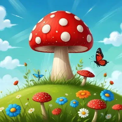 Digital Painting A Red Mushroom With Green Dots Two Butterflies Flowers Of Green On A Green Field Blue Sky With Clouds And Sun Rays Bold And Slim Lines Brush Strokes 2 A141