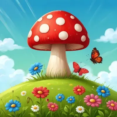 Digital Painting A Red Mushroom With Green Dots Two Butterflies Flowers Of Green On A Green Field Blue Sky With Clouds And Sun Rays Bold And Slim Lines Brush Strokes 22 44f4