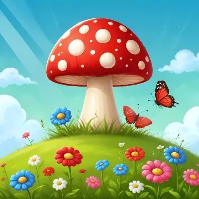 Digital Painting A Red Mushroom With Green Dots Two Butterflies Flowers Of Green On A Green Field Blue Sky With Clouds And Sun Rays Bold And Slim Lines Brush Strokes 24 0a45