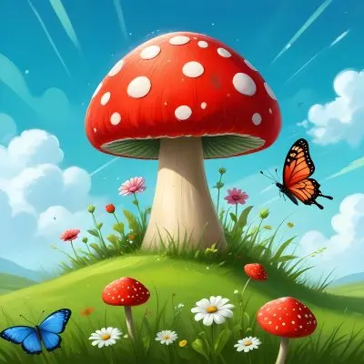 Digital Painting A Red Mushroom With Green Dots Two Butterflies Flowers Of Green On A Green Field Blue Sky With Clouds And Sun Rays Bold And Slim Lines Brush Strokes 4 E9df