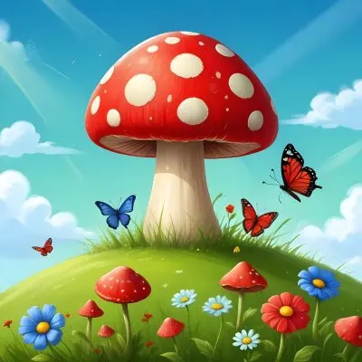 Digital Painting A Red Mushroom With Green Dots Two Butterflies Flowers Of Green On A Green Field Blue Sky With Clouds And Sun Rays Bold And Slim Lines Brush Strokes 5 B3e2
