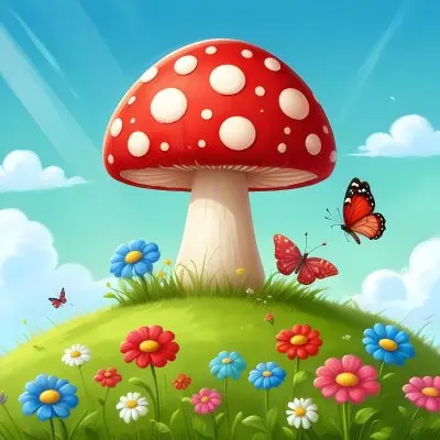 Digital Painting A Red Mushroom With Green Dots Two Butterflies Flowers Of Green On A Green Field Blue Sky With Clouds And Sun Rays Bold And Slim Lines Brush Strokes 7 9179
