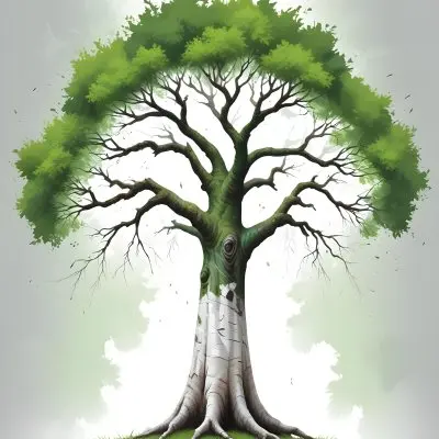 Digital Painting A Tree With A Trunk And Branches The Foliage Is The Shape Of The World Continents Green Grass At The Bottom White Background Bold And Slim Lines Brush Strokes 13 634e