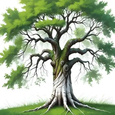 Digital Painting A Tree With A Trunk And Branches The Foliage Is The Shape Of The World Continents Green Grass At The Bottom White Background Bold And Slim Lines Brush Strokes 15 30cd